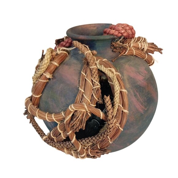 Raku Pottery Luminary Lamp With Pine Needle Natural Accents Signed - Picture 4 of 9